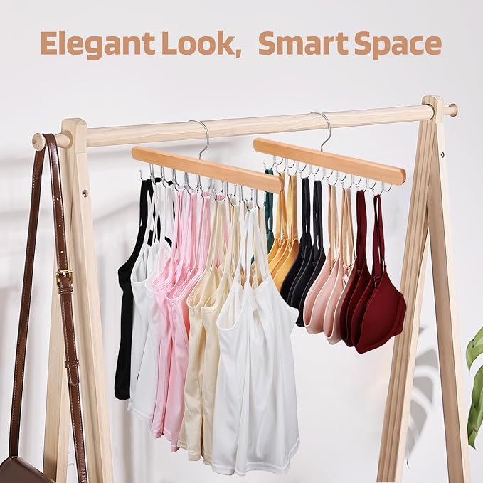 NECAMOCU 2 Pack Bra Hanger for Closet Organizer, Premium Tank Top Hangers | Wooden Bra Holder with 36 Foldable Hooks, 360° Rotating Design, Space Saving Storage for Tank Tops, Bras, Belts, and More