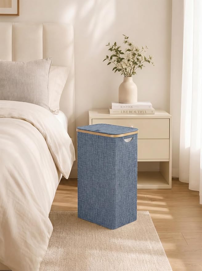 IEGrow Laundry Hamper with Lid,110L Laundry Basket with Mesh Bags,Blue | Dirty Clothes Hamper Basket with Bamboo Handle for Clothes Towels