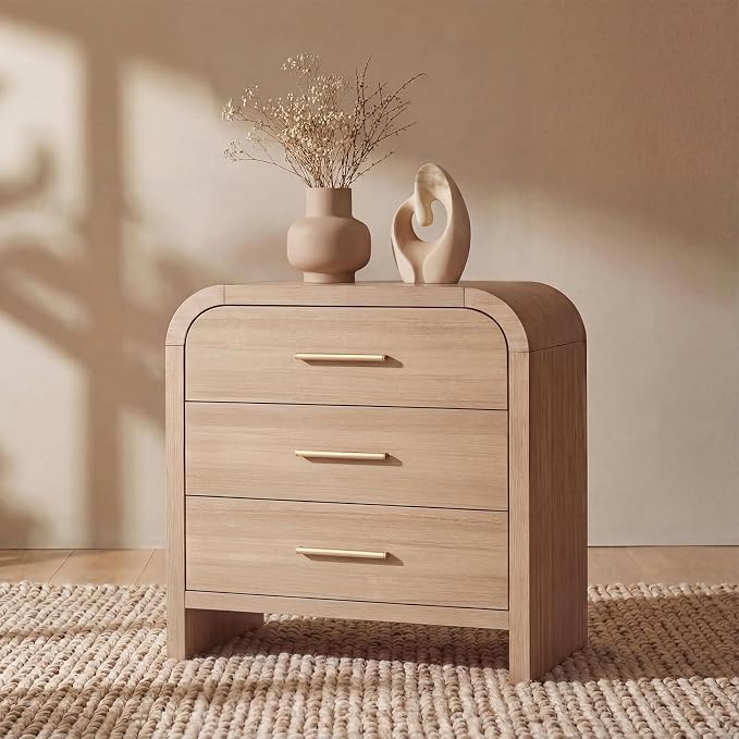 Night Stand, 3-Drawer | [Curved Profile] [FSC-Certified Wooden Board] Nightstand 26.7"H Metal Handle Modern Bedside Table Side Table End Table