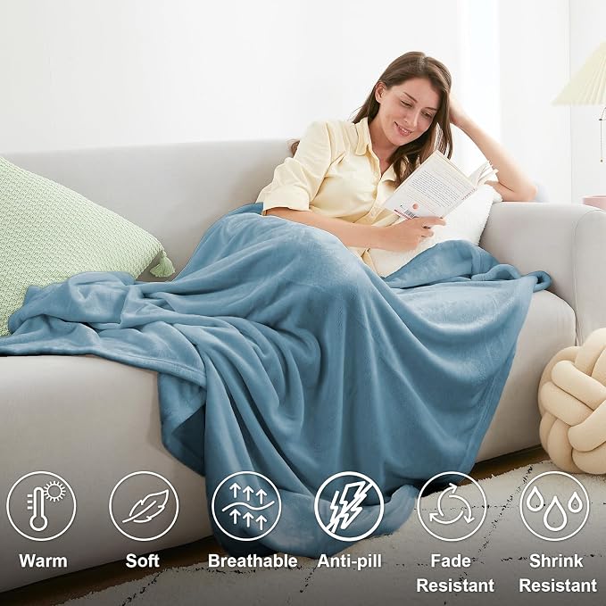 Hansleep Throw XL Washed Blue Fleece Blanket, Soft Flannel Bed Blanket | Fuzzy Cozy Blanket 50x70 Inches, Multi-use for Bed, Sofa, Couch, Travel, Camping, All Season Warm Lightweight Cover