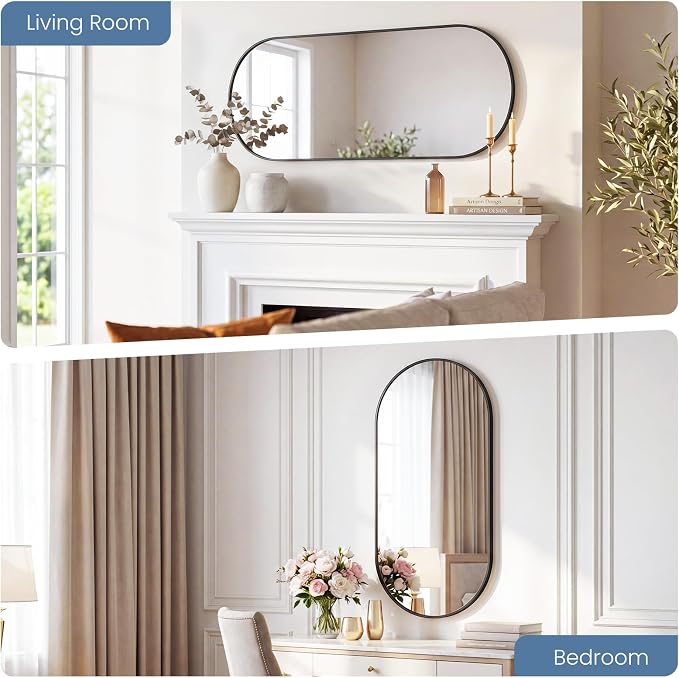 Sweetcrispy 24" x 48" Black Bathroom Mirror for Wall, Oval Walls Mirror | Modern Vanity Mirrors for Over Sink, Living Room, Bedroom, Entryway, Horizontal or Vertical