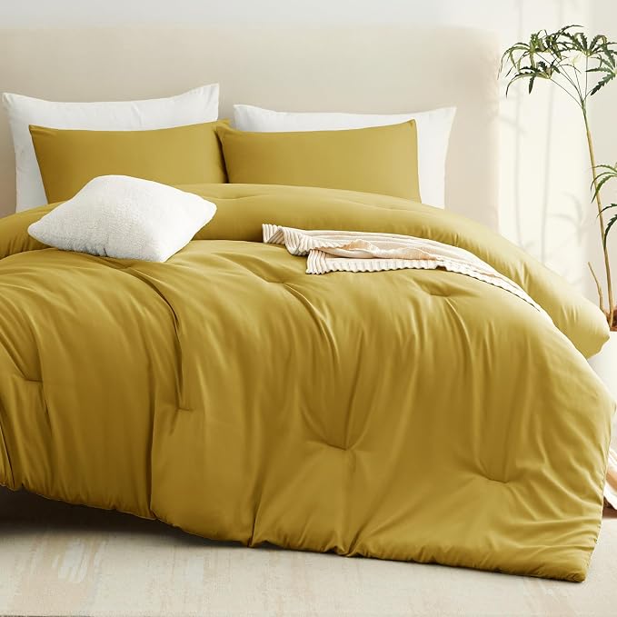 Queen Comforter Set 3-Piece Down Alternative Bedding Mustard Yellow | 270 GSM All Season Comforter with 4 Corner Ties for Use as a Duvet Insert, OEKO-TEX Certified, 2 Pillowcases, 88 x 88 in