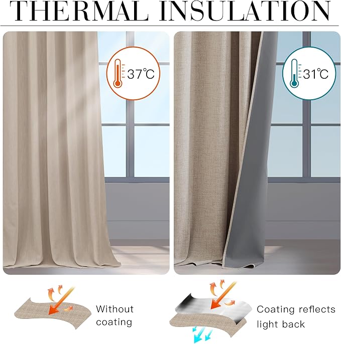 RYB HOME Natural Beige 100% Blackout Short Curtains 45 Inch Long | Thermal Insulated, Light Blocking, for Kitchen Small Window Bathroom Basement Garage, Small Window, W52 x L45, 2 Panels
