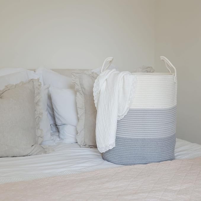 OrganiHaus Tall Cotton Rope Laundry Basket & Hamper, Blanket Storage 52L | 3-Toned Gray - Tall Cotton Rope Hamper, 52L