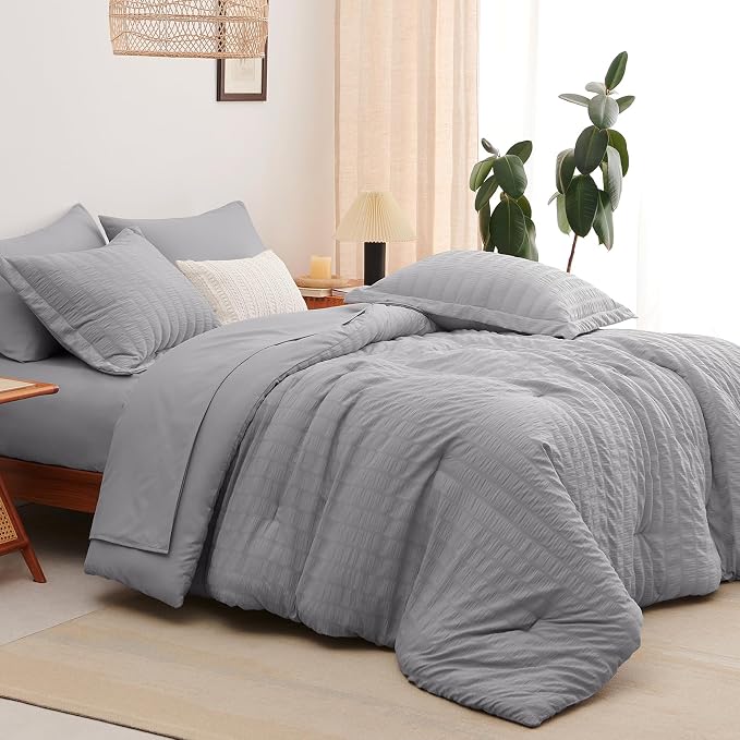 Queen Comforter Set, 7 Pieces Grey Seersucker Bed in a Bag | OEKO-TEX Certified, All Season Bedding Set with 240 GSM Down Alternative Comforter, Flat & Fitted Sheets, Pillowcases & Shams