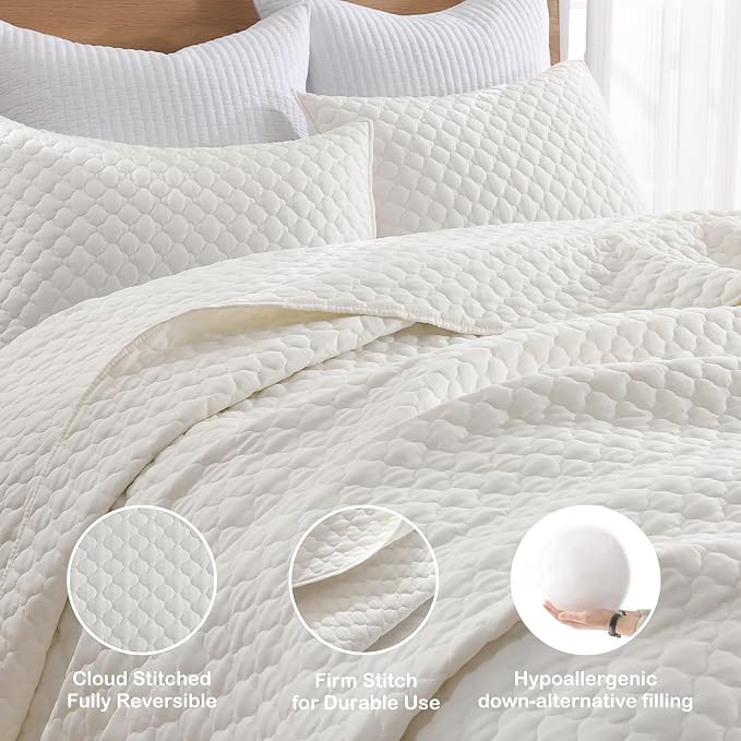 HORIMOTE HOME Cream Quilt King Size, Lightweight Quilt for Summer Ultra-Soft Microfiber Modern Style Quilted Clouds Pattern Bedspread Quit Set 3 Pieces (1 Quilt and 2 Pillow Shams)