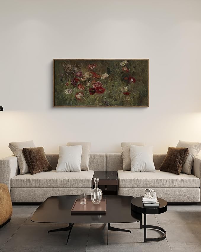 InSimSea Extra Large Framed Vintage Wall Art, Rustic Floral,40x20in | Poppy Farmhouse Picture, Canvas, Long Horizontal, Bedroom Above of Bed Fireplace Living Room