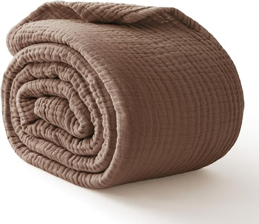 100% Cotton Muslin Blanket Large 50"x 70", Breathable and Lightweight Cotton Throw Blanket for Bed and Couch, Soft Cooling Summer Gauze Blanket for Adults All Season, Linen Brown
