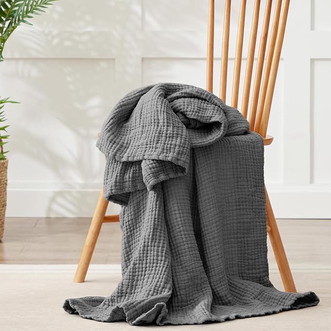 100% Cotton Muslin Blanket Twin 66" x 90", Breathable and Lightweight Cotton Twin Blankets for Couch, Soft Cooling Summer Gauze Blanket for Adults All Season, Charcoal Grey
