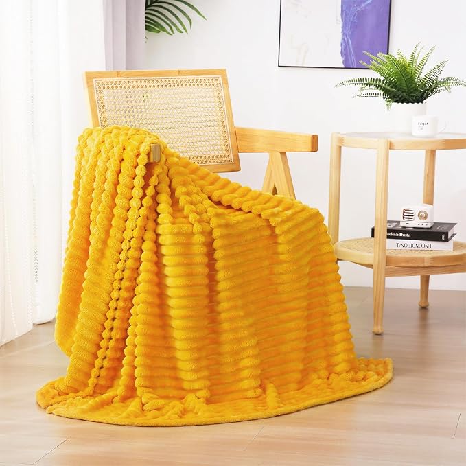 Gold Fleece Throw Blanket 50”×60” for Couch Sofa Livingroom | Super Soft Cozy Plush Microfiber Flannel Bed Blanket Striped Design Lightweight Home Decor Gifts for Adults Mom Women