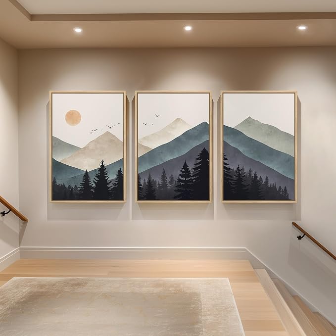 Large Framed Boho Mountain Landscape Wall Art for Living Room, 24x36 Inch | 3 piece, Modern, Minimalist, Large, Canvas artwork, Pine tree picture, Dining room wall decor, Ready to hang, Wood frame