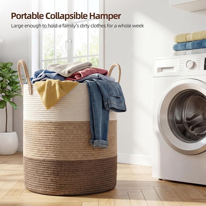 OIAHOMY 60L Nursery Hamper Laundry Basket Laundry Hamper Gradient Brown | collapsible Blanket Basket Cotton Rope Woven Basket Dirty Clothes Hamper Baby Hamper Tall Clothes Hamper with Handles