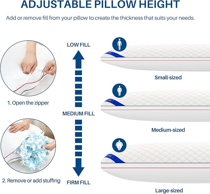 YZ HOME Long Body Pillow for Adults - Insert with Shredded Blue Memory Foam | Firm Body Pillow, Adjustable Height, Soft Support for Side Sleeping, Pregnant Women, Washable (20x54 Inch, White)