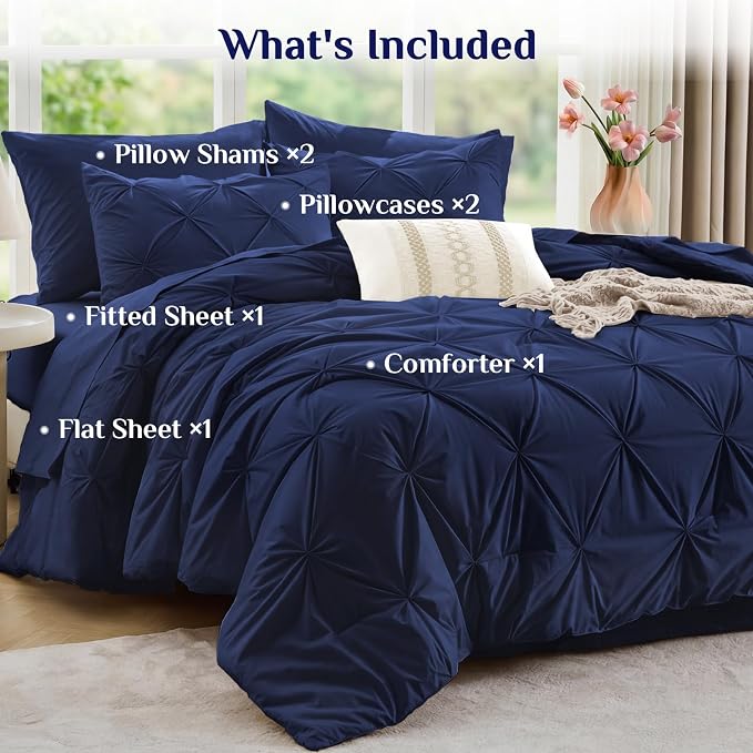 JOLLYVOGUE King Size Comforter Set 7 Pieces - Bed in a Bag King for All Season, Pintuck Bedding Comforter Sets with Comforter, Flat Sheet, Fitted Sheet and Pillowcases & Shams, Navy
