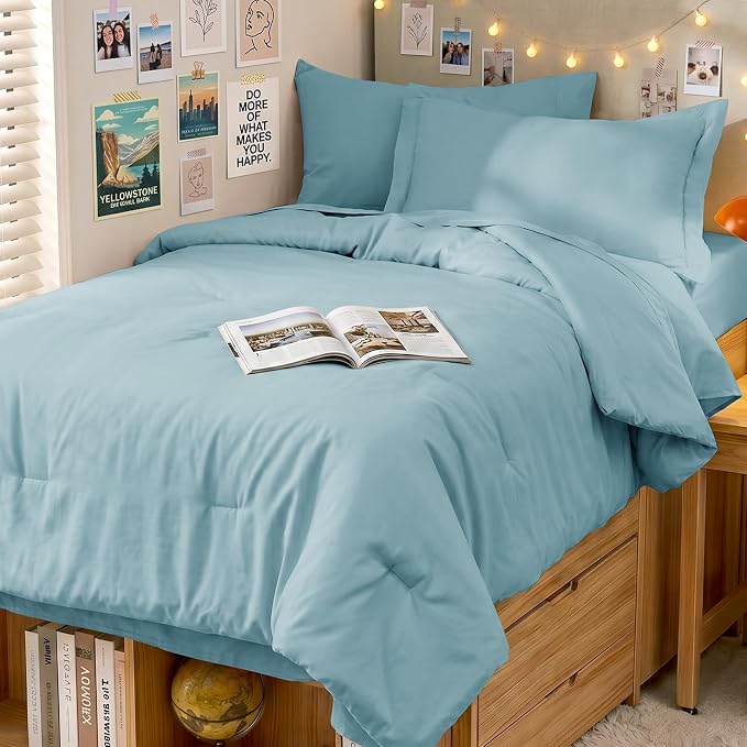 5 Pieces Twin XL Comforter Set, Soft Bed in a Bag Twin XL Size, All Season Bedding Set with Comforter, Flat Sheet, Fitted Sheet, Pillowcases & Shams, Lake Blue