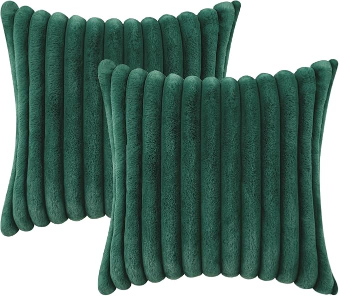 decorUhome Fall Faux Fur Throw Pillow Covers 18x18 Set of 2 Christmas Green | Decorative Soft Cozy Striped Plush Modern Farmhouse Boho Couch Pillow Cases Velvet Back for Sofa Bed Living Room Home Decor