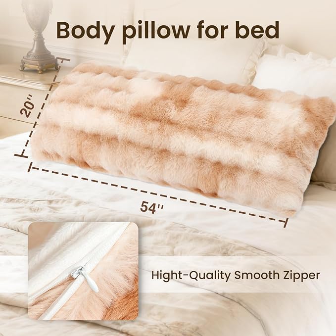 ZonLi Fluffy Body Pillow for Adults, Fuzzy Faux Fur Long Pillow with Shredded Memory Foam, Adjustable Support for Side Sleepers, Gifts, 20 x 54 Inch, Light Tan