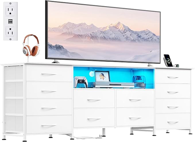 WLIVE LED Dresser TV Stand for 75 Inch TV, 12 Drawers, White | Fits TVs up to 75 inch, 12 fabric drawers, LED chest of drawers, Built-in power outlet, Living room or bedroom