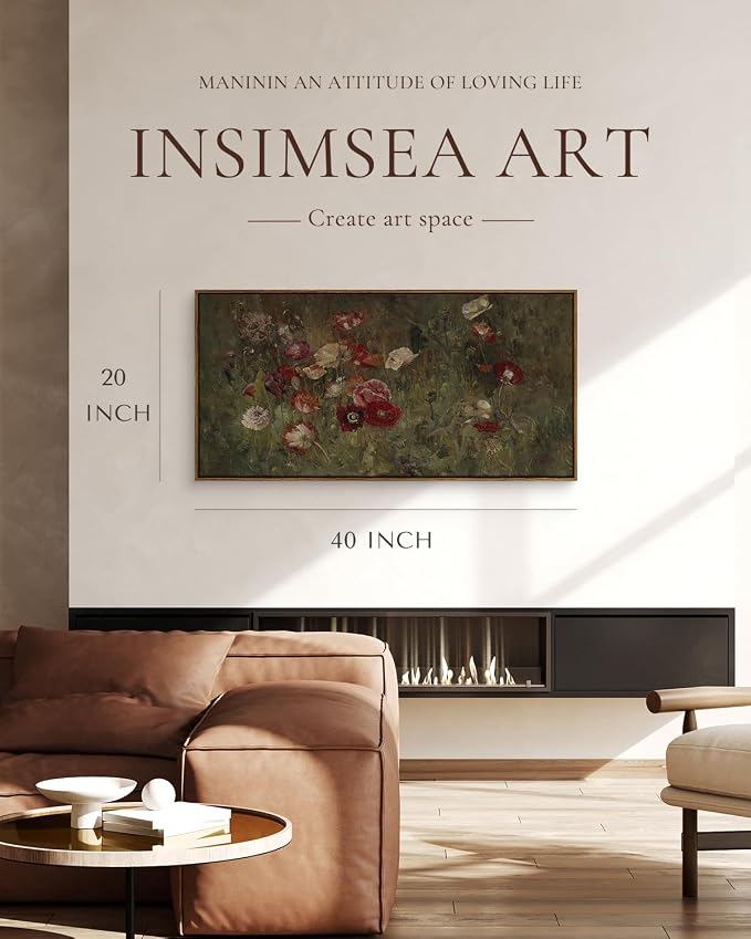 InSimSea Extra Large Framed Vintage Wall Art, Rustic Floral,40x20in | Poppy Farmhouse Picture, Canvas, Long Horizontal, Bedroom Above of Bed Fireplace Living Room
