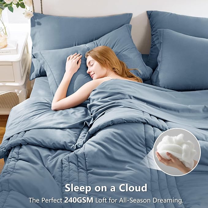 King Size Comforter Set Grayish Blue- 7 Pieces Bed in a Bag | OEKO-TEX Certified, 240GSM Down-Alternative Comforter, 14" Deep-Pocket Sheets, Shams & Pillowcases, Lightweight