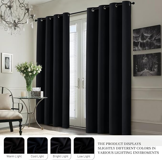 Yakamok Black 100% Blackout Curtains 63 Inches Long for Bedroom 50" Wide | Blackout Curtain Panels for Bedroom, 2 Thick Layers Grommet Top Thermal Insulated Drapes with White Back for Living Room