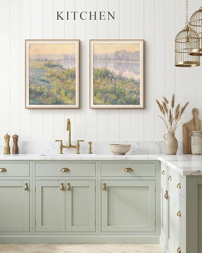 VIYYIEA Framed Landscape Large Wall Art Set of 2, Impressionist Riverbank Meadow Canvas Oil Painting, Pastoral Nature Wall Decor for Living Room Bedroom, 16x20 Inch