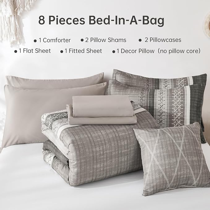 Dintszyayue Taupe King Comforter Size Set, 8 Pieces Striped Texture Bed in a Bag Bedding Sets, Lightweight Soft Comforter and Sheet Set, All Season Microfiber Teen Boys Bedding Sets for Men Women