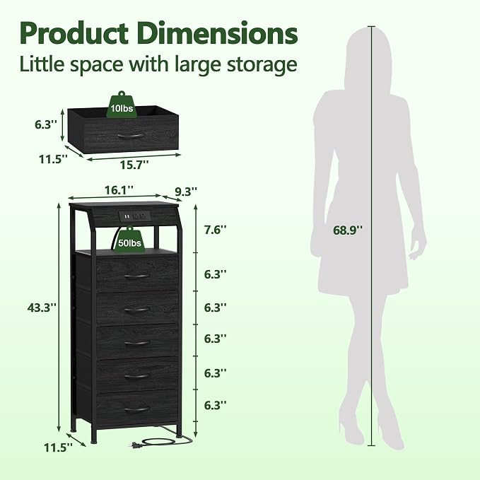 Furnulem 5 Drawers Dresser with Charging Station, Tall Black Nightstand | Tall Dorm Nightstand, Fabric Chest of Drawers with Open Shelf, Bedside Table for Closet, Dresser for Bedroom, 3 Ways to Use