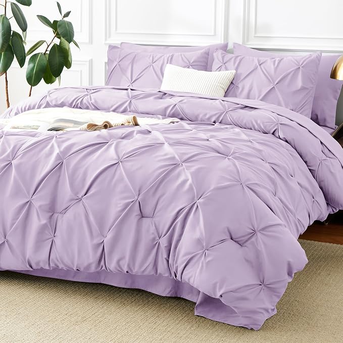 Queen Comforter Set Lavender, 7 Pieces Pintuck Bed in a Bag | OEKO-TEX 100 Certified, 240GSM All Season, Bedroom, Guest Room, Down-Alternative Comforter, Sheets, Pillowcases & Shams