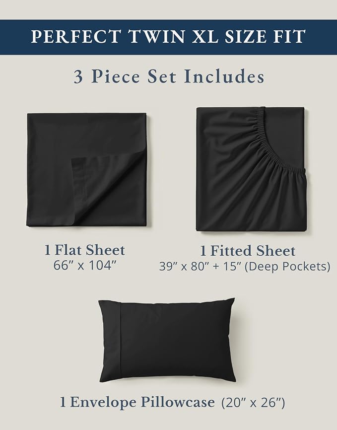 LANE LINEN Twin XL Sheets 100% Organic Cotton Soft 3pc Percale - Black | Organic Cotton Percale Twin XL Sheet Set - Naturally Cooling & Lightweight, Cool All Summer, Cozy All Winter