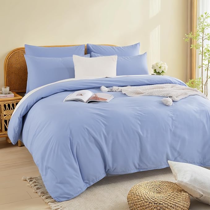 NEXHOME PRO Queen Duvet Cover Set, 100% Washed Cotton with Linen-Like Texture, Natural Organic, Breathable & Comfortable, Includes Home Bedding Set Baby Blue (No Comforter) 9090
