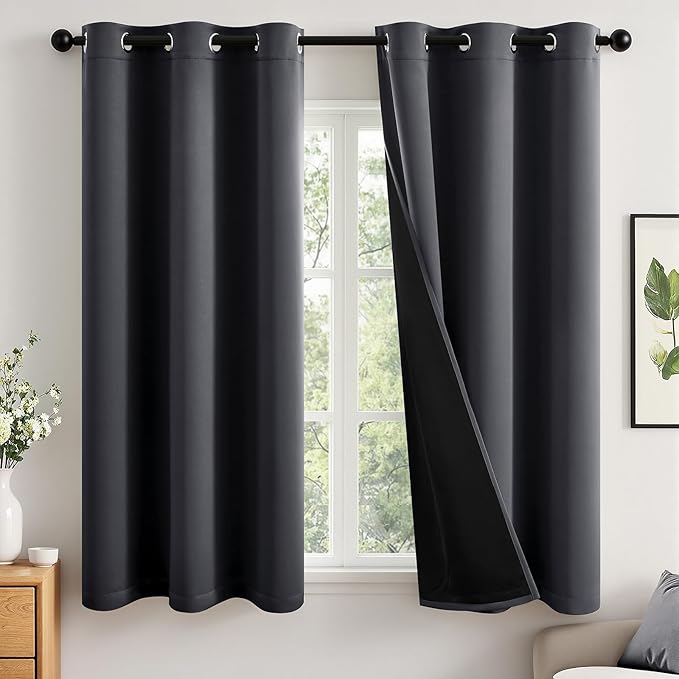 MIULEE Grey 100% Blackout Curtains for Bedroom 40x45 Inch Length 2 Panels | 2 Thick Layers Thermal Insulated Window Curtains with Black Liner, Noise Reducing Grommet, Drapes for Living Room