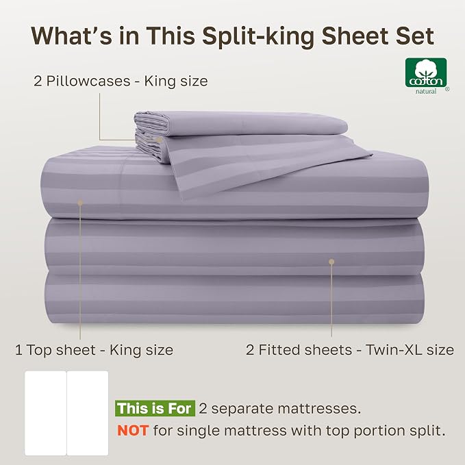 California Design Den 100% Cotton Sateen Split King Sheets Set, 5 Pcs | 500 Thread Count with Good Housekeeping Seal, Split King Sheets Sets for Adjustable Bed with 2 Separate Twin-XL Mattresses