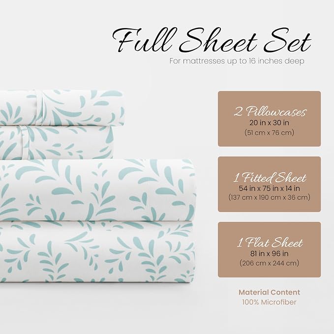 Linen Market Patterned Microfiber Full Sheet Set 4 Piece – Oeko-TEX Certified Ultra Soft & Wrinkle-Free - 16" Deep Pocket Sheets - Easy Care Full Size - Burst of Vines Light Blue