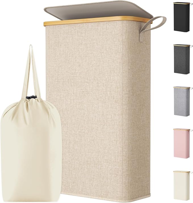 Lifewit 65L Slim Laundry Hamper with Lid, Narrow Laundry Basket with Removable Bag & Bamboo Handles, Fodable Thin Dirty Clothes Hamper for Laundry Collapsible Bin for Bathroom Bedroom Dorm, Beige