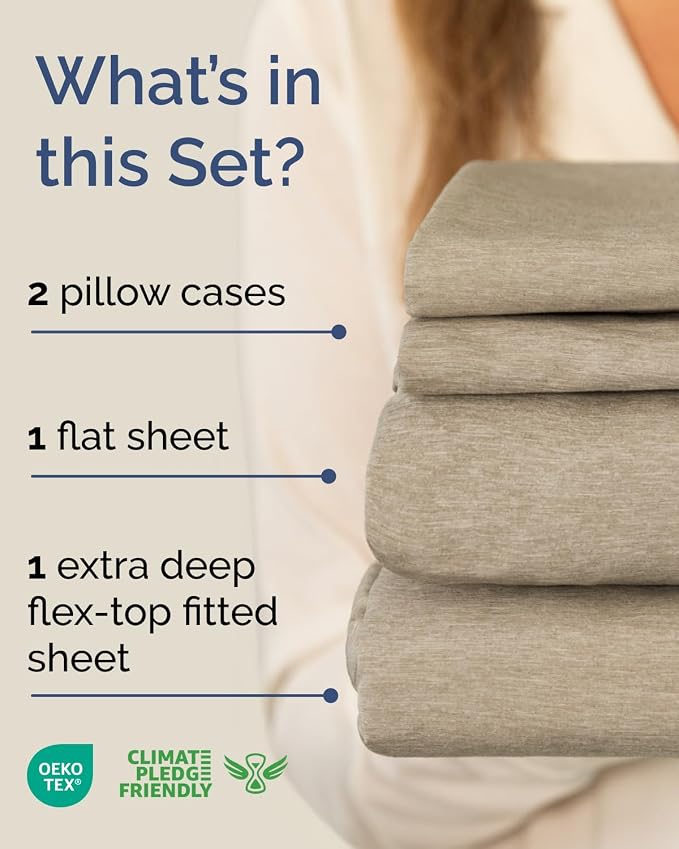 Flex Top Split Head King Sheet Set - 4 Piece Extra Deep - Heathered Beige | Easily Fits 18 to 24 inch Mattress, Ultra Soft, Wrinkle & Fade Free with Extra Deep Pockets, Comfy Hotel Luxury Bedding