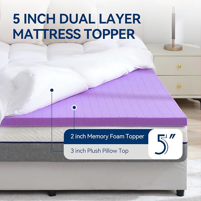 BDEUS Dual Layer 5 Inch Memory Foam Mattress Topper King Size, 2 Inch Gel Memory Foam Plus 3 Inch 1450 GSM Down Alternative Quilted Pillow Top Mattress Pad Cover,White