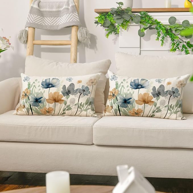 AVOIN colorlife Poppy Chinoiserie Flowers Pillow Covers 12x20 Inch Set of 2 | Light Brown Blue Seasonal Leaves Cushion Case Decoration for Sofa Couch Farmhouse