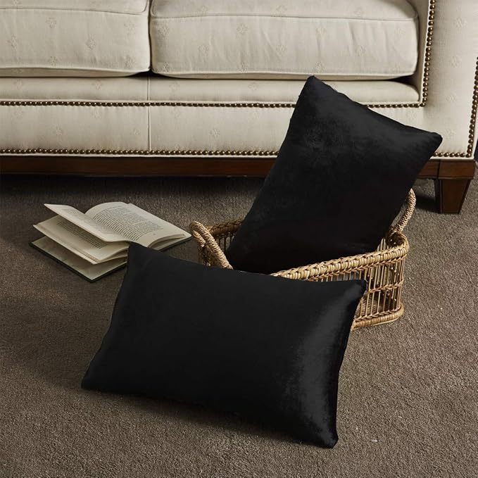 GIGIZAZA Black Velvet Pillow Covers 12x20 Decorative Pillows Pack of 2 | Lumbar Throw Pillows for Couch Sofa,280gsm Soft Textured Fabric,Modern Pillowcases,Luxury Cushion Covers