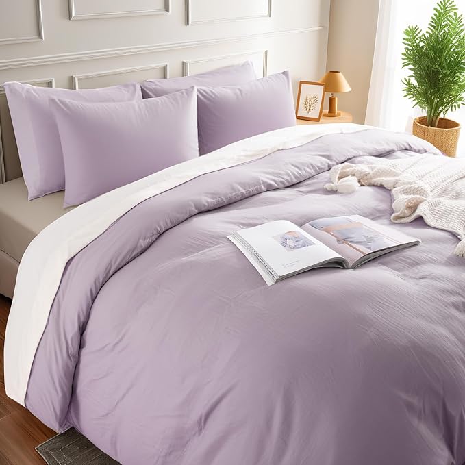 NEXHOME PRO Duvet Cover Set 100% Washed Cotton Oversized Queen 98"x98", Organic Natural Linen Look Textured 3 Pieces Bedding Set Lavender Lilac with Zipper Closure, Breathable, Soft (No Comforter)