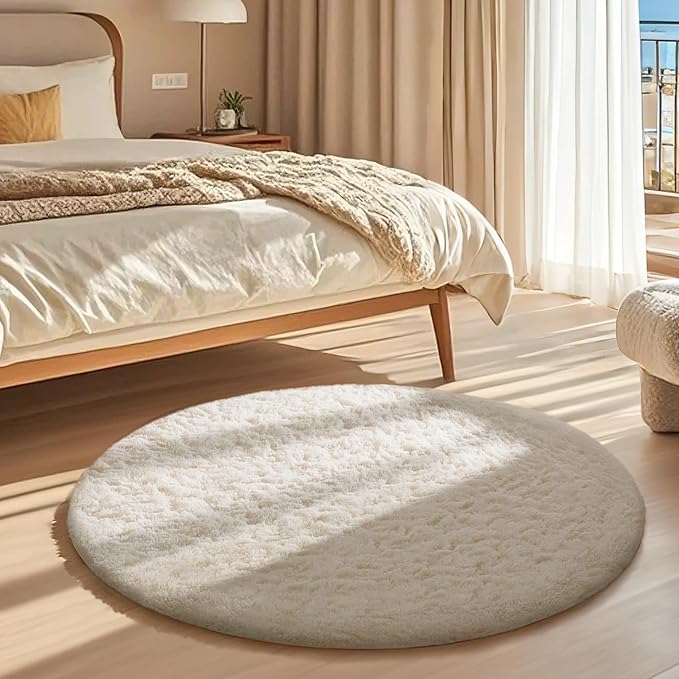 Ophanie Round Rugs 3Ft Ivory Circle Area Rug, Nursery Bedroom Carpet, Small Fluffy Fuzzy Plush Soft Shaggy Cream Living Room Christmas Aesthetic Decor for Kids Boys Girls Teen Baby Home, Dorm