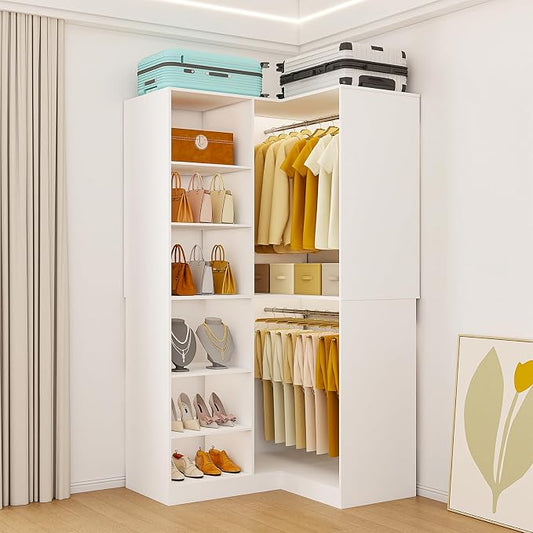 Corner Closet System, L-Shaped Closet Organizer with 4 Adjustable Shelves and 3 Hanging Rods, Modular Closet System for Walk-In Closets and Custom Closet Organization, 70.9"W × 15.8"D × 81"H