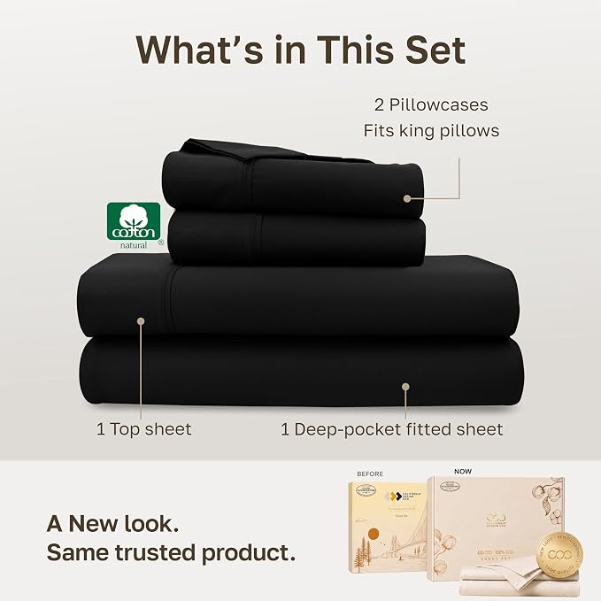 California Design Den 100% Cotton Sateen King Size Bed Sheet Set, Black | 400 Thread Count Backed by Good Housekeeping Seal, 16" Deep Pocket, All-Around Elastic, Durable, Easy Care