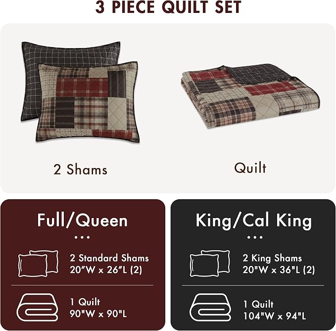 Madison Park Patchwork Farmhouse Red/Black King Quilt Set, 3pc | Diamond Quilted, Reversible Coverlet Set, Plush Cotton Filled, Lightweight, Machine Washable, Easy Care, All-Season, Cozy