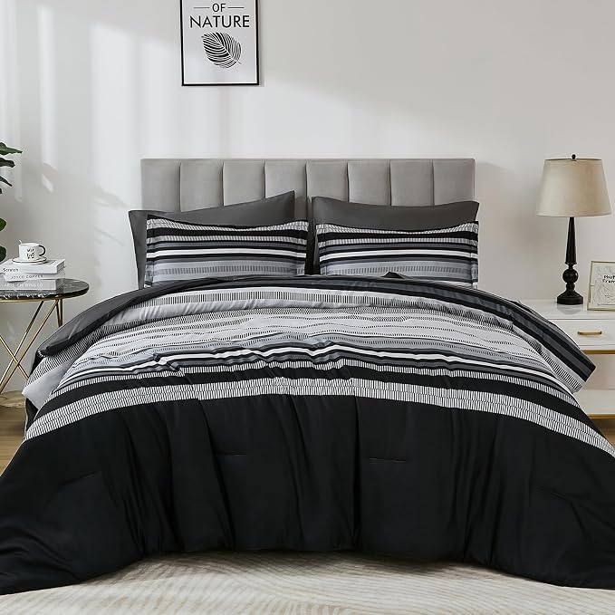 Dobuyly Black Comforters Queen Size Set 7 Pieces, Boho Striped Grey Bed in a Bag Queen Soft Microfiber Bedding Set with Comforter, Sheets, Pillowcases & Shams All Season