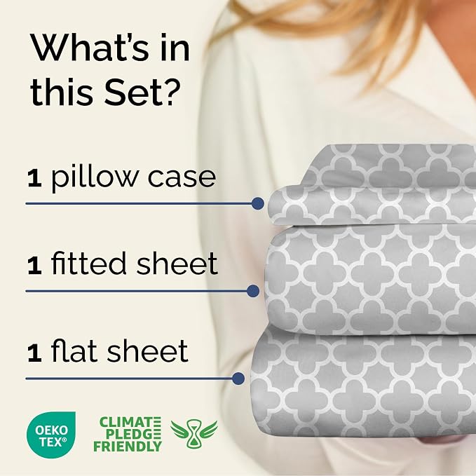 Twin 3 Piece Striped Sheet Set - Soft, Breathable & Cooling - Gray Clover | 1 Flat, 1 Fitted & 1 Pillowcase w/ Deep Pockets, Luxury Striped Bedding, Soft, Breathable & Cooling, Wrinkle & Fade Free