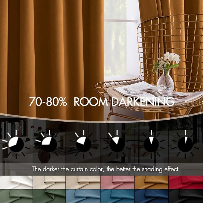 MIULEE Velvet Curtains 50W x 90L 2 Panels Golden Brown Blackout Curtains | Luxury velvet fabric, pinch pleat design, back tab hooks, thermal insulated, blackout light blocking, for living room bedroom