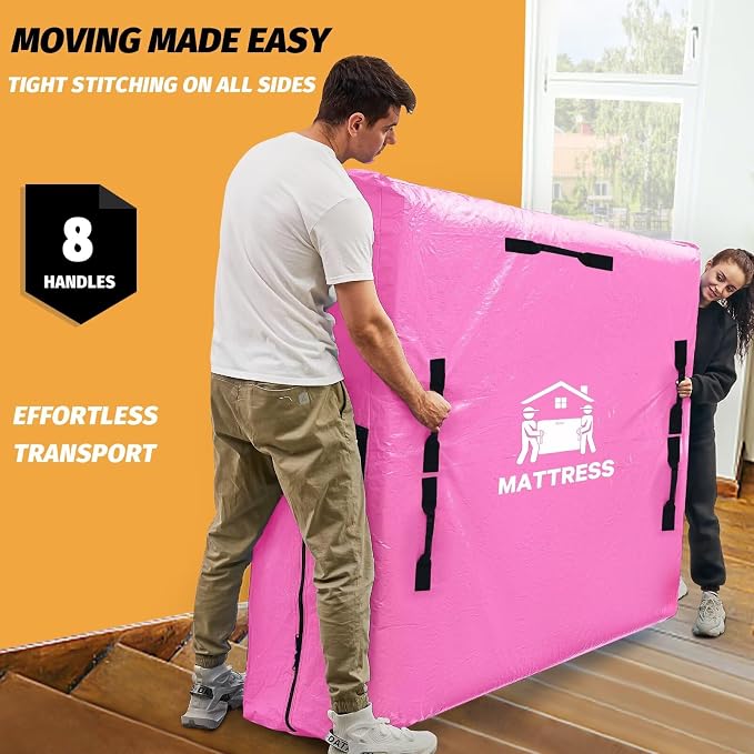 Mattress Bags for Moving, BETU Mattress Protector Waterproof Mattress Cover Full Size Storage Bags with 8 Heavy-Duty Handles and Zipper for Bed Extra Thick Large Reusable (77"x57"x15" Pink)