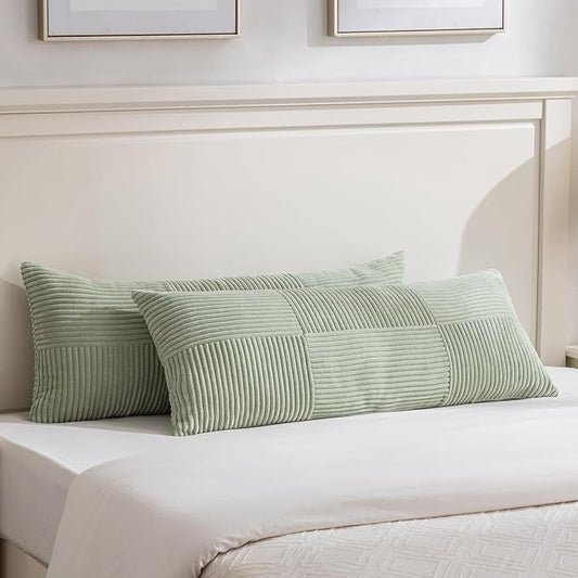 Fancy Homi Set of 2 Sage Green Boho Long Lumbar Body Decorative Throw Pillow Cover 14x36 Inch for Bed Couch Bedroom Bench, Soft Patchwork Corduroy Textured Pillow Case, Rustic Farmhouse Room Décor
