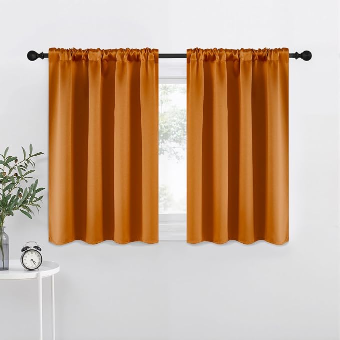 NICETOWN Room Darkening Cafe Satin Curtains for Small Windows, 42" Wide by 36" Long, 2 Panels, Orange, Rod Pocket Privacy Faux Silk Blackout Drapes for Kitchen